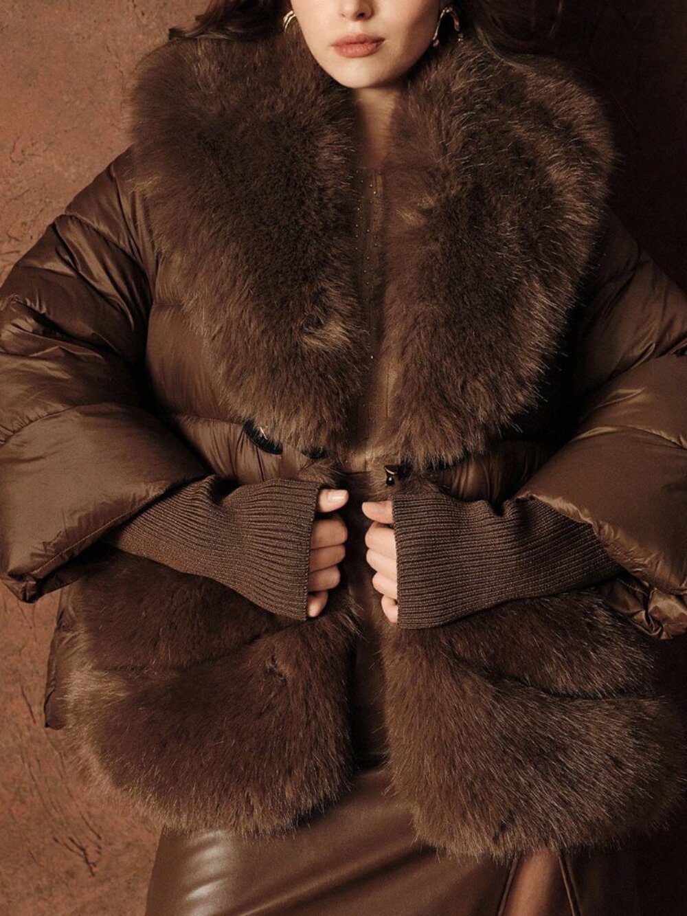 Brown Casual Women's Plus Size Contrast Faux Fur V-Neck Patchwork Zip Coat